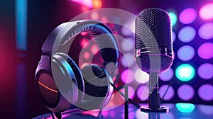 microphone stand and white headphones, ai generated