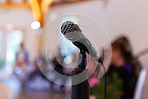 Microphone on a straight stand, with blurry specialists giving a conference photo