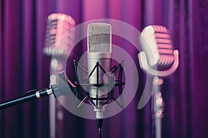 Microphone in studio ready to record voice and music