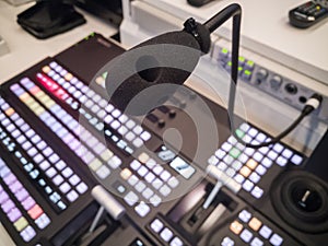 Microphone in studio for voice actor, radio broadcasting