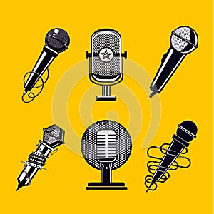 Microphone vector icon set. Vintage mic collection.