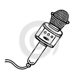 Microphone vector icon. Vintage device with a wire. Hand drawn illustration isolated on white. Musical item