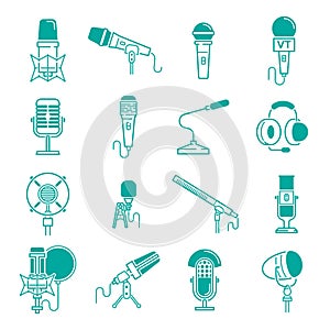 Microphone vector musical radio studio records icons audio dictaphone, microphones podcast webcast broadcast or music