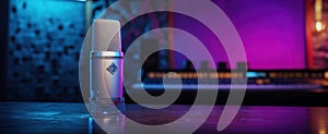 The microphone in a vibrant and modern recording studio environment. AI generated image