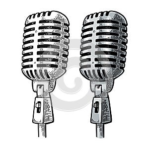 Microphone. Vintage vector black and color engraving illustration on white