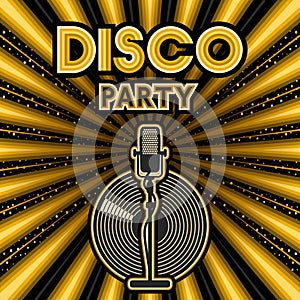 Microphone and vinyl record on golden background. Party poster in retro style