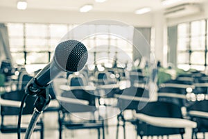 Microphone voice speaker in school lecture hall, seminar meeting room or educational business conference event for host, teacher