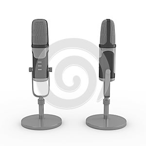 Microphone on white background. 3D rendering. Front and left view.