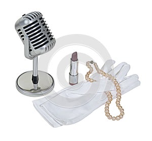 Microphone with White Gloves, Pearls and Lipstick