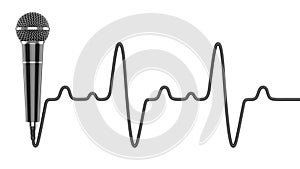 Microphone with wire in the shape of heartbeat cardiogram as a concept of love for music. 3D rendering illustration of a