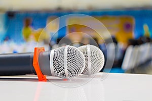microphone wireless two Close up in conference seminar room with copy space add text :Select focus with shallow depth of field