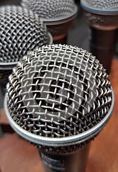 Microphones close-up macro view, music background