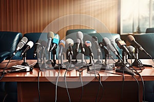 Microphones in conference room or seminar hall. 3D rendering, Media interview in a conference room, microphones, press conference