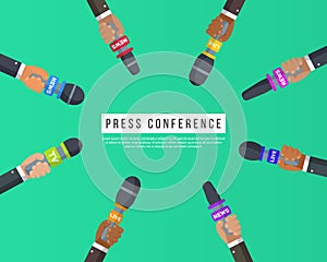 Microphones in the hands of a reporter. Press conference idea, interviews, latest news.