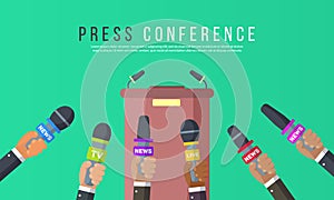 Microphones in the hands of a reporter. Press conference idea, interviews, latest news.