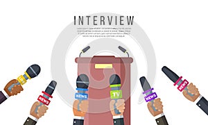 Microphones in the hands of a reporter. Press conference idea, interviews, latest news.