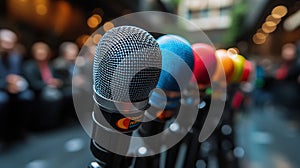 Microphones lined up ready for a conference. Generative AI.