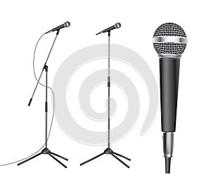 Microphones. Music studio miscellaneous equipment microphone vector realistic photographs of vintage style microphones