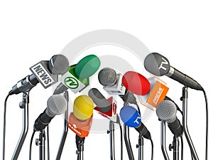 Microphones prepared for press conference or interview isolated