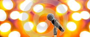 Microphones Public speaking background, Close up microphone on stand for speaker speech presentation stage performance or press