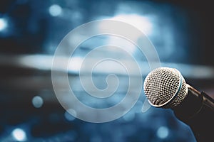 Microphones Public speaking background, Close up microphone on stand for speaker speech presentation stage performance or press