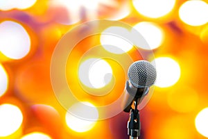 Microphones Public speaking background, Close up microphone on stand for speaker speech presentation stage performance or press