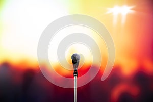 Microphones Public speaking background, Close up microphone on stand for speaker speech presentation stage performance or press