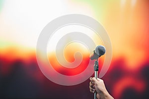 Microphones Public speaking background, Close up microphone on stand for speaker speech presentation stage performance or press