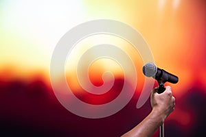Microphones Public speaking background, Close up microphone on stand for speaker speech presentation stage performance or press