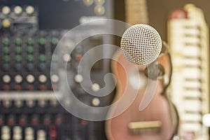 Microphones and recording equipment in the studio.