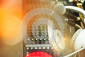 Microphones and recording equipment in the studio.