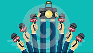 Microphones in reporter hands. Set of microphones and camera isolated on green background. Mass media, television