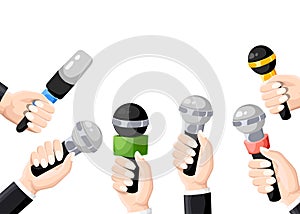 Microphones in reporter hands. Set of microphones isolated on white background. Television, interview. Flat illustration. b