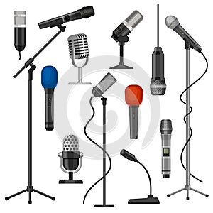 Microphones on stands. Singer mic with wire for stage performance. Music studio audio record equipment. Cartoon radio