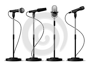 Microphones on stands. Stage standing microphones, studio mic for singing with counters. Concert audio equipment vector