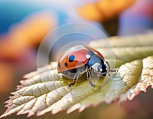 Microphotography of a Small Ladybug on a Leaf