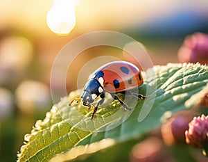 Microphotography of a Small Ladybug on a Leaf