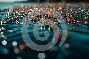 Microplastic particles float in the ocean, water pollution. Save planet concept.