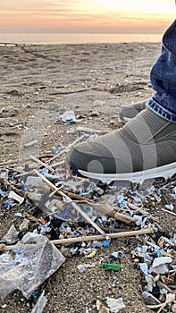 microplastic in the sand on the beach, plastic pollution