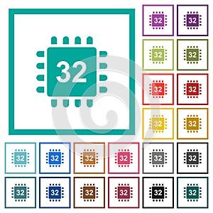 Microprocessor 32 bit architecture flat color icons with quadrant frames