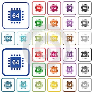 Microprocessor 64 bit architecture outlined flat color icons