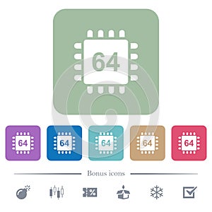 Microprocessor 64 bit architecture flat icons on color rounded square backgrounds