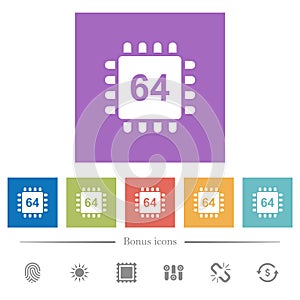 Microprocessor 64 bit architecture flat white icons in square backgrounds