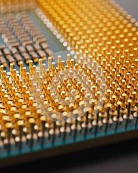 Microprocessor of computer close-up. Semiconductor, pins and connectors. Electronic and computing equipment. Digital technologies
