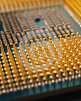 Microprocessor of computer closeup. CPU, semiconductor, pins and connectors. Electronic and computing detail. Digital technologies