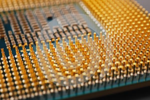 Microprocessor of computer closeup. CPU, semiconductor, pins and connectors. Electronic and computing detail. Digital technologies