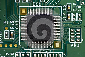 Microprocessor on an electronic circuit board. A chip on a circuit board.