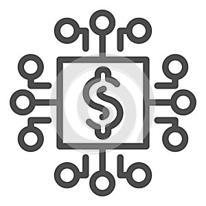 Microprocessor line icon. Processor chip with dollar symbol, outline style pictogram on white background. Money sign for