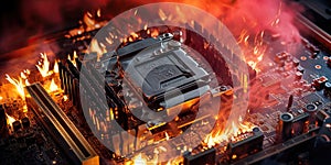 Microprocessor on motherboard in flames, concept of Overheating