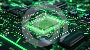 Microprocessor powering circuit board with green glowing lights